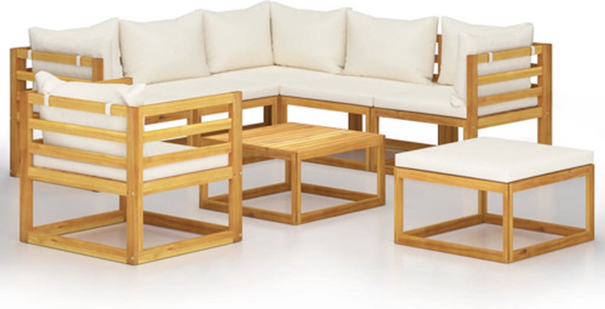 Bol.com vidaXL - 8-delige - Loungeset - met - kussens - massief - acaciahout - crème aanbieding
