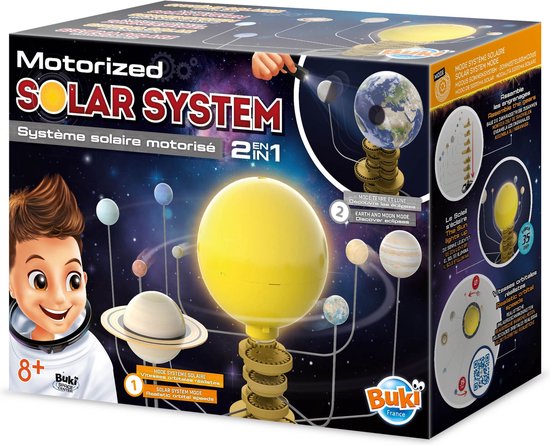 Verpakking van een zonnestelselmodel met kind-illustratie, zon en planeten.