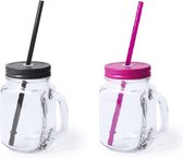 6x stuks Glazen Mason Jar drinkbekers met dop en rietje 500 ml - 3x zwart/3x roze - afsluitbaar/niet lekken/fruit shakes