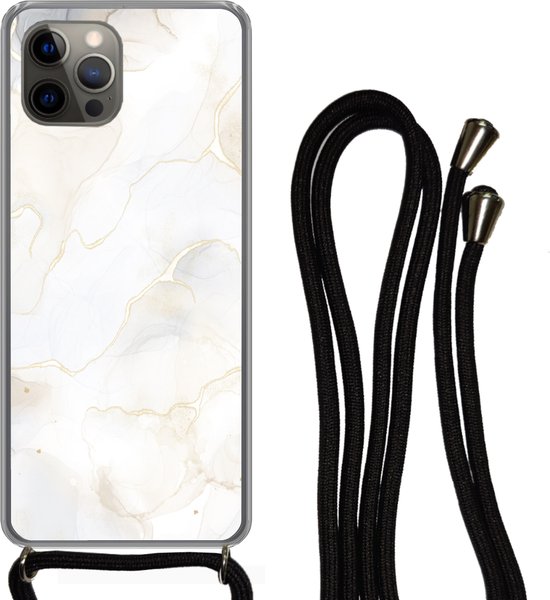 Cordon téléphonique - Chaîne téléphonique - Étui avec cordon Convient pour iPhone 12 Pro Max - Imprimé marbre - Wit - Jaune - Siliconen - Bandoulière - Étui de téléphone avec cordon