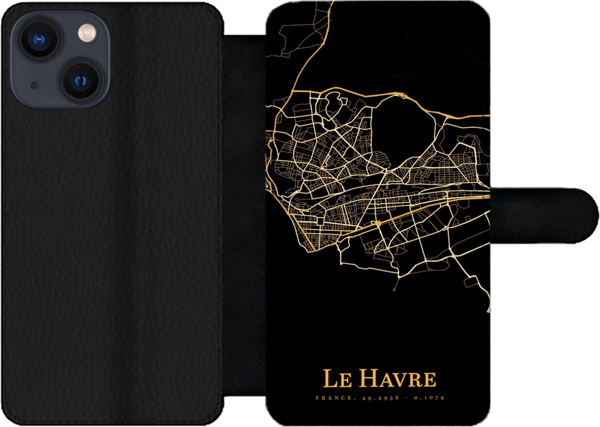 Telefoonhoesje Geschikt voor iPhone 13 Mini telefoonhoesje - Le Havre - Kaart - Goud - Met vakjes - Wallet case met magneetsluiting