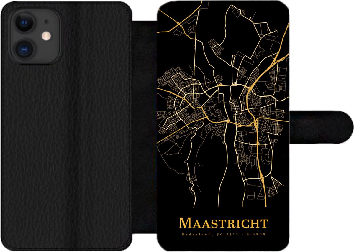 Telefoonhoesje Geschikt voor iPhone 12 Pro telefoonhoesje - Maastricht - Kaart - Goud - Zwart - Met vakjes - Wallet case met magneetsluiting