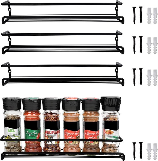 Rangement pour sièges-auto à épices murale Zwart - Système de fixation pour GPS pots à épices et herbes à un seul niveau pour la Cuisine - Étagères à épices murales à suspendre pour le rangement - Belle Vous étagère à épices à suspendre