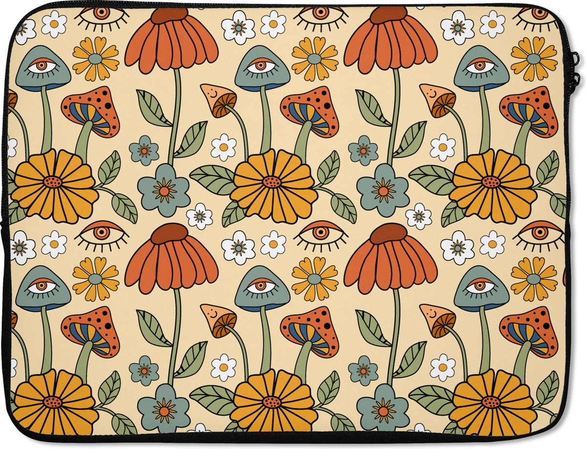 Laptophoes 15.6 inch - Patronen - Vintage - Bloemen - Ogen - Laptop sleeve - Binnenmaat 37x26 cm - Zwarte achterkant - Back to school spullen - Schoolspullen jongens en meisjes middelbare school - Macbook air hoes - Chromebook sleeve