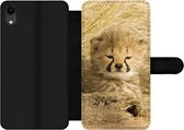Bookcase Geschikt voor iPhone XR telefoonhoesje - Cheeta - Jong - Gras - Met vakjes - Wallet case met magneetsluiting