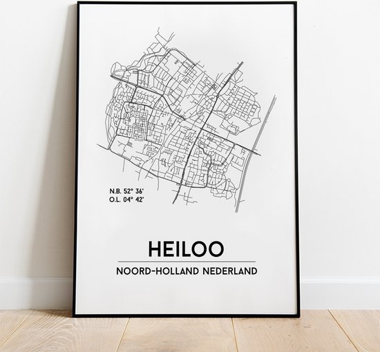 Heiloo city poster, A3 (30x40 cm) met lijst, plattegrond poster, woonplaatsposter, woonposter