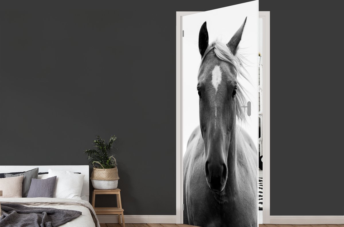 Afbeelding van product StickerSnake  Deursticker Paard - Dier - Zwart - Wit - 90x235 cm - Deurposter