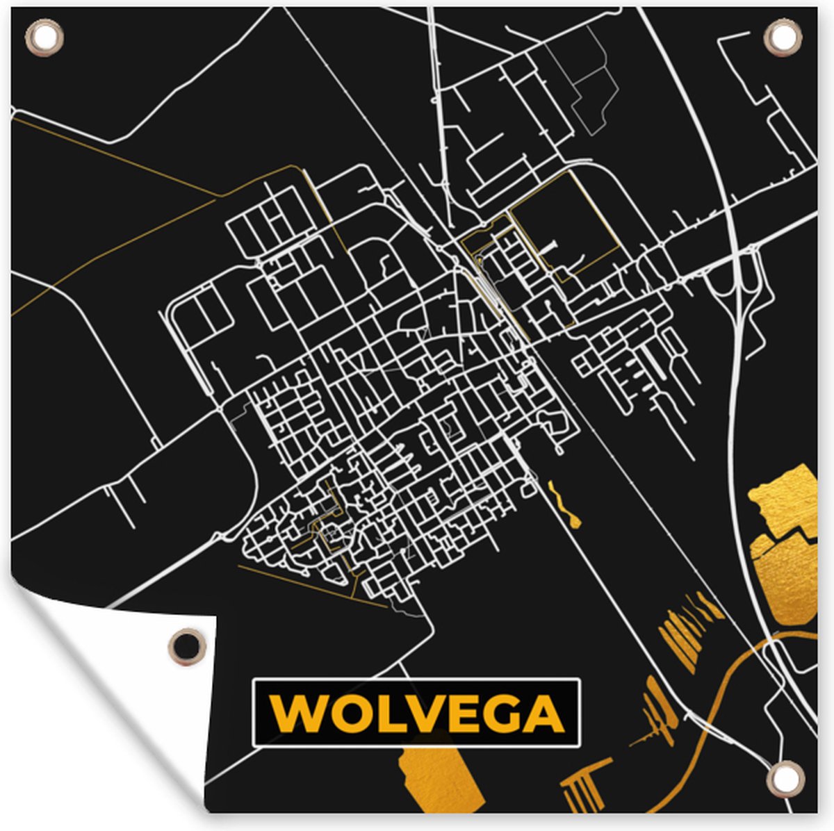 Tuinposters Wolvega - Black and Gold - Stadskaart - Plattegrond - Kaart - 50x50 cm - Tuindoek