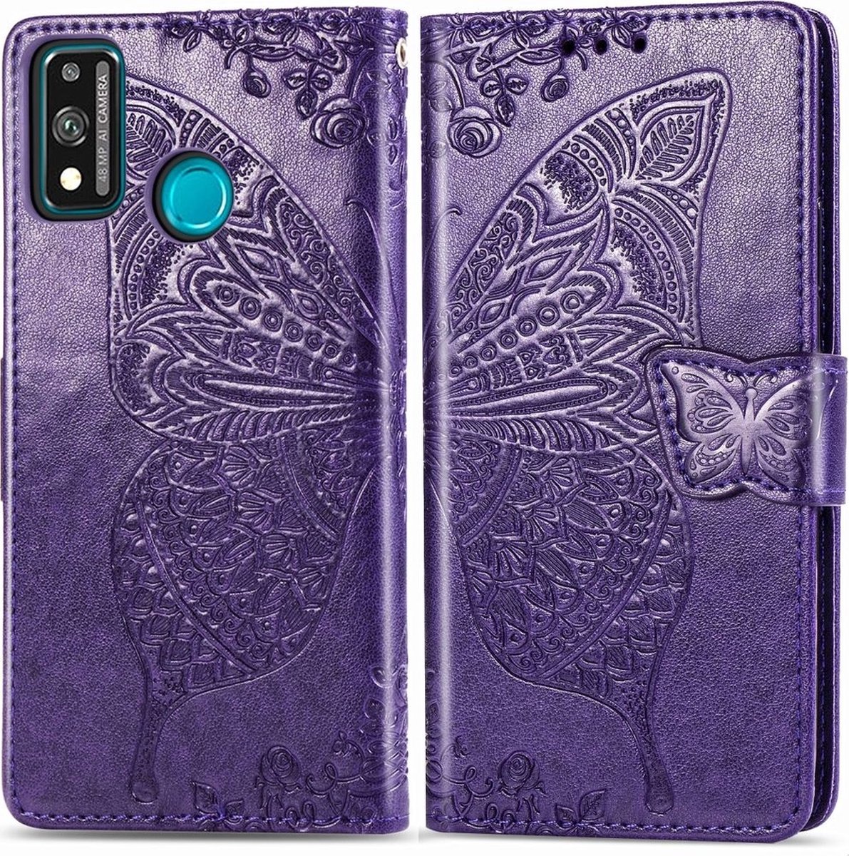 Mobigear Telefoonhoesje geschikt voor HONOR 9X Lite Hoesje | Mobigear Butterfly Bookcase Portemonnee | Pasjeshouder voor 3 Pasjes | Telefoonhoesje voor Pinpas / OV Kaart / Rijbewijs - Paars