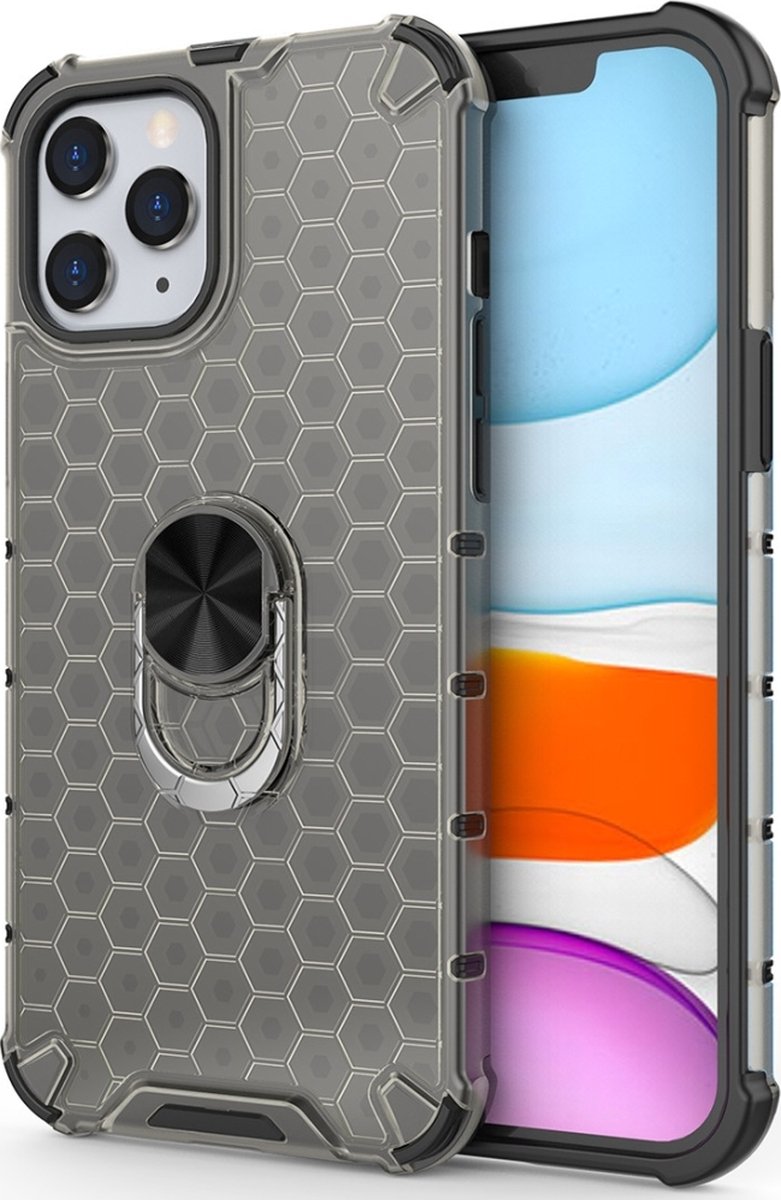 Mobigear Hoesje geschikt voor Apple iPhone 12 Pro Max Telefoonhoesje Hardcase | Mobigear Honeycomb Ring Backcover Shockproof met Ringhouder | Schokbestendig iPhone 12 Pro Max Telefoonhoesje | Anti Shock Proof - Grijs