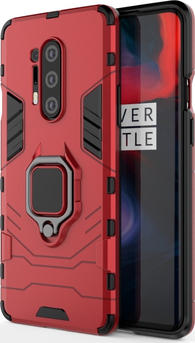 Mobigear Hoesje geschikt voor OnePlus 8 Pro Telefoonhoesje Hardcase | Mobigear Armor Ring Backcover Shockproof met Ringhouder | Schokbestendig 8 Pro Telefoonhoesje | Anti Shock Proof - Rood
