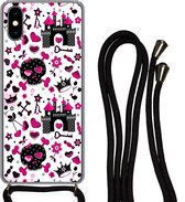 Hoesje met koord Geschikt voor iPhone X - Meiden - Kroon - Hart - Patronen - Girl - Kindje - Kinderen - Siliconen - Crossbody - Backcover met Koord - Telefoonhoesje met koord - Hoesje met touw