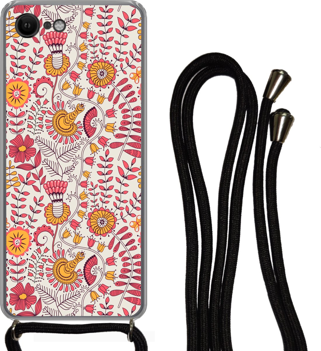 Telefoonhoesje Geschikt voor iPhone SE 2020 - Bloemen - Design - Roze - Oranje - Siliconen - Crossbody - Backcover met Koord - Telefoonhoesje met koord - Hoesje met touw Telefoonhoesje