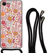 Hoesje met koord Geschikt voor iPhone SE 2020 - Bloemen - Design - Roze - Oranje - Siliconen - Crossbody - Backcover met Koord - Telefoonhoesje met koord - Hoesje met touw