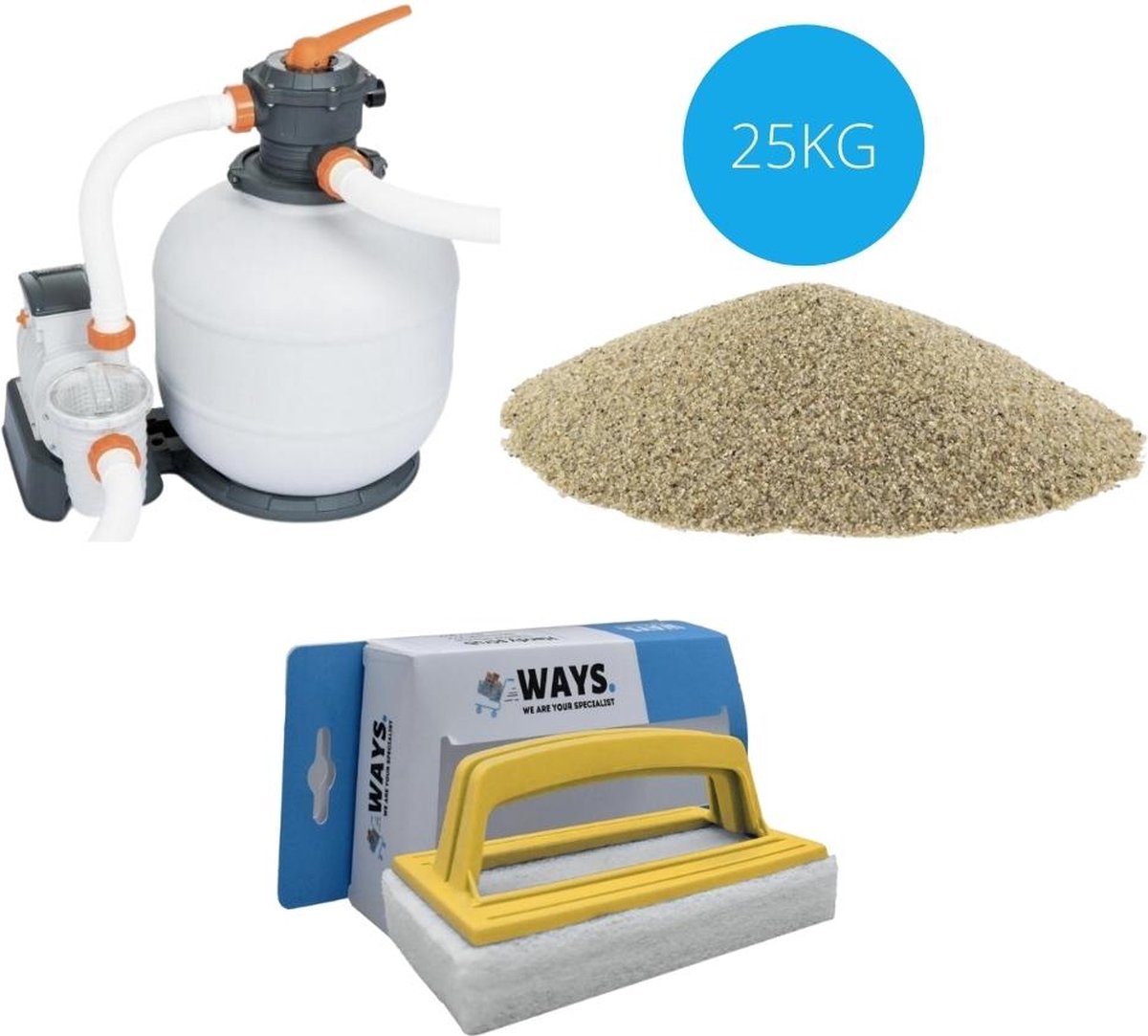 Bol.com Bestway - Zandfilterpomp 8327 L/u & Filterzand 25 kg & WAYS Scrubborstel aanbieding