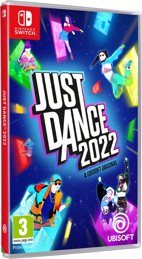 Doosje van Just Dance 2022 voor Nintendo Switch. De voorkant toont dansende figuren tegen een blauwe achtergrond met felle kleuren.
