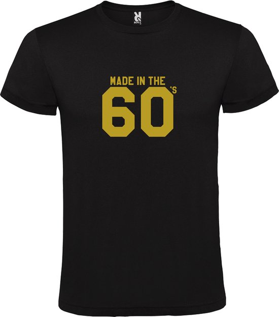 Zwart T shirt met print van " Made in the 60's / gemaakt in de jaren 60 " print Goud size M