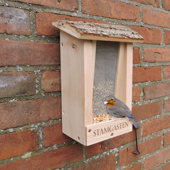 Vogelvoederhuis Stamgasten – Massief Hout met Boomschors Dak – Handgemaakt & Weerbestendig