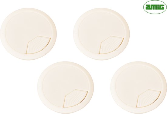 Vier witte, ronde kabeldoorvoeren met verstelbare flappen, met AMIG logo.