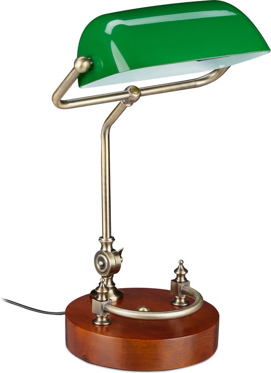 relaxdays Bankierslamp groen glas - hout, Notarislamp, Bureaulamp,  Tafellamp, Vintage lamp | bol.com