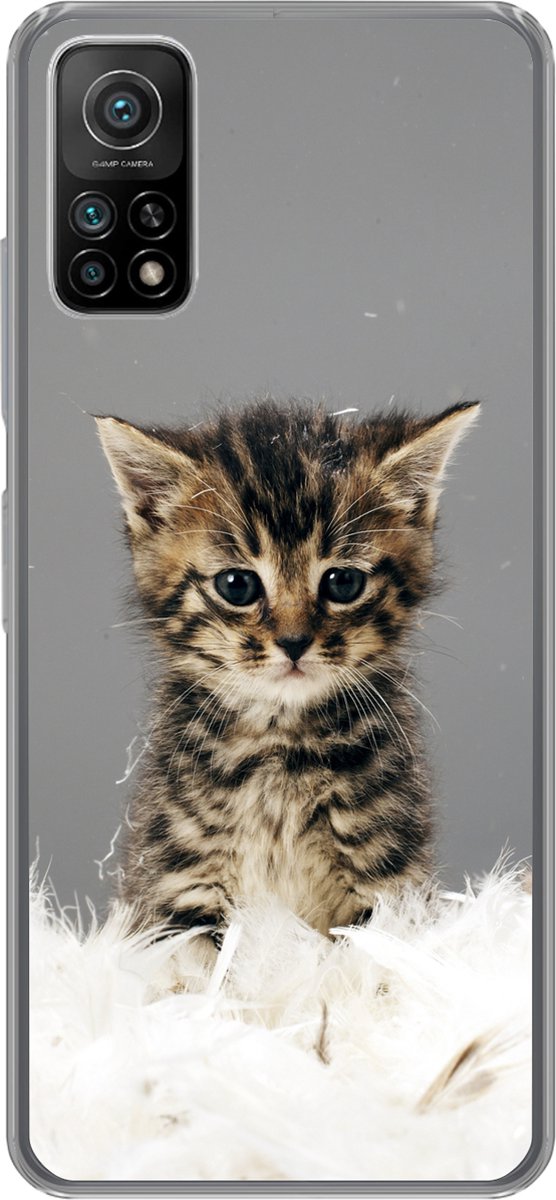 Telefoonhoesje Geschikt voor Xiaomi Mi 10T 5G hoesje - Kat - Kitten - Veren - Siliconen Telefoonhoesje Telefoonhoesje
