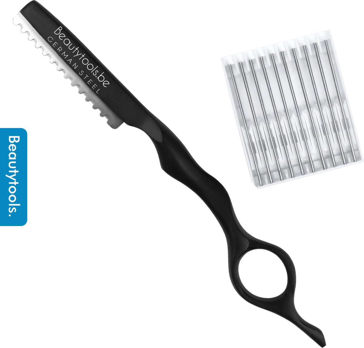 BeautyTools Professionele Kappersmes - Feather Mes Matt Black - Uitdunmes - Effileermes Voor Uitdunnen van Dik Haar - (incl. 11 mesjes) - (SR-1239)FB11