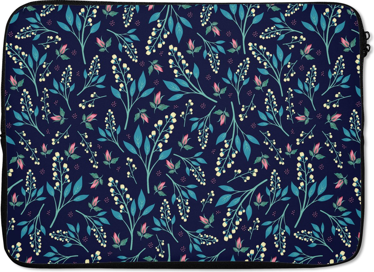 Laptophoes 14 inch - Bloemen - Roze - Wit - Patroon - Laptop sleeve - Binnenmaat 33x23 cm - Zwarte achterkant
