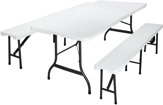 Witte opklapbare tafel met twee witte banken, staand op zwarte metalen poten.