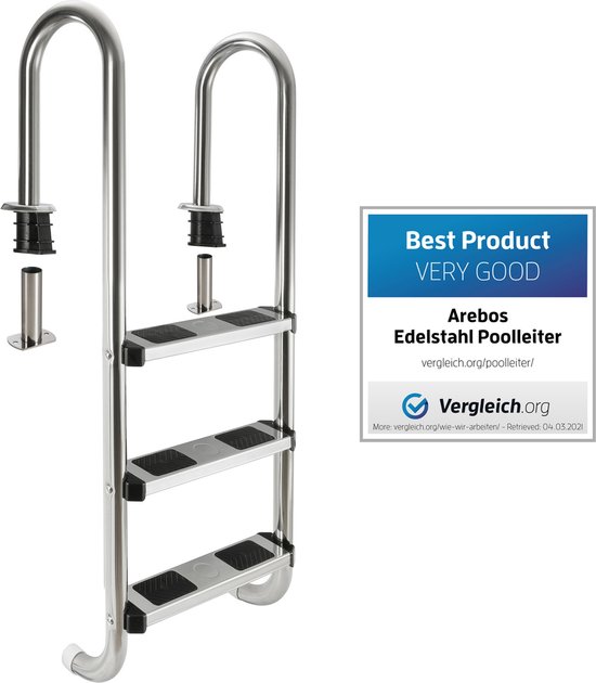 AREBOS RVS zwembadtrap met 3 treden, met losse RVS steunbuizen.