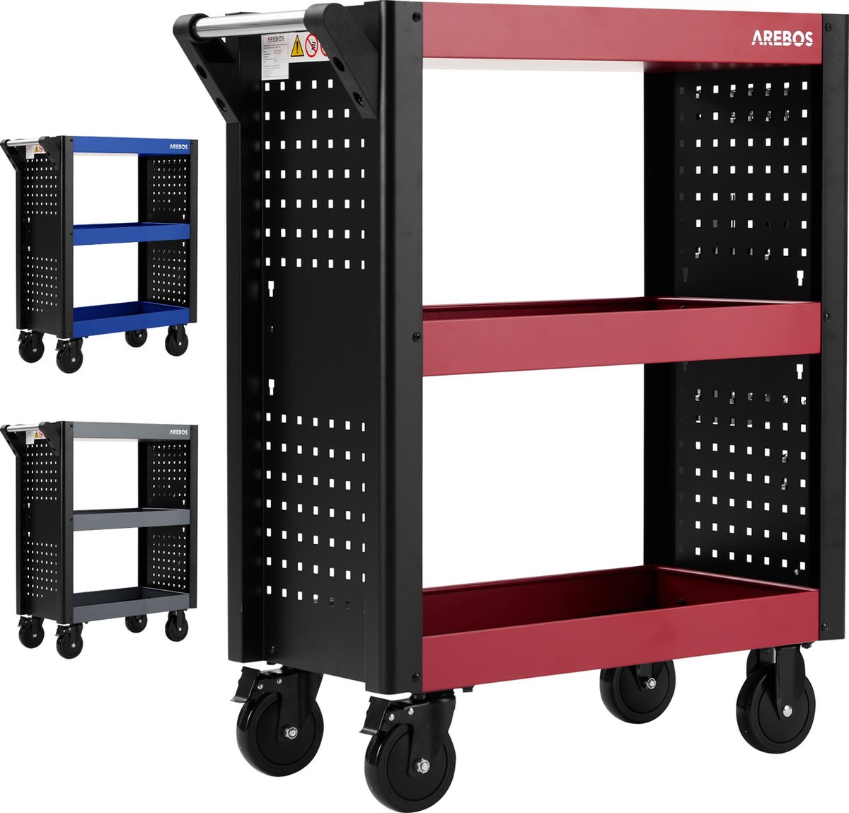 AREBOS Onderhoudswagen Gereedschapswagen Rollenwagen Montagewagen 3 vakken - Rood / Zwart