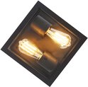 Zwarte vierkante buitenlamp met glazen wanden en twee zichtbare gloeilampen.