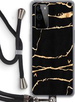 Case Company® - OnePlus 9 Pro hoesje met Koord - Gouden marmer - Telefoonhoesje met Zwart Koord - Bescherming aan alle Kanten en Over de Schermrand