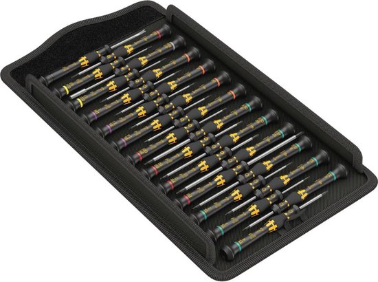 Une trousse noire ouverte contenant 25 tournevis de précision Wera. Les manches sont noirs avec des accents jaunes et des anneaux colorés.