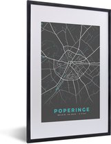 Fotolijst incl. Poster - Plattegrond – Poperinge – Blauw – Stadskaart - Kaart - België - 40x60 cm - Posterlijst