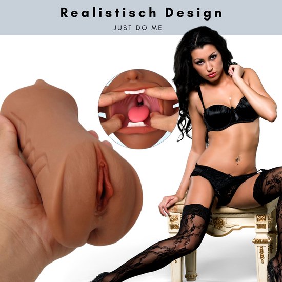 Realistisch ontwerp 3-in-1 masturbator met vagina, mond en vrouw in zwarte lingerie.