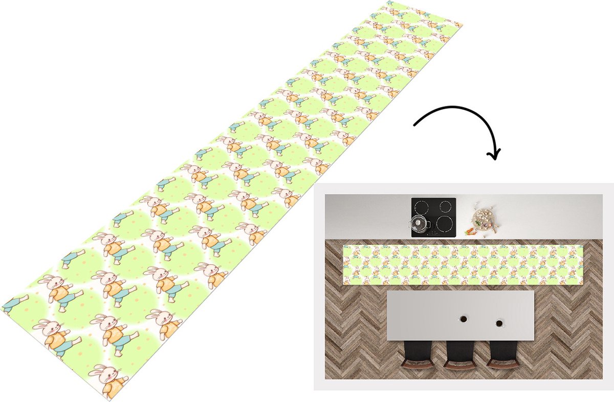 KitchenYeah Keukenloper - Loper keuken - Konijn - Patronen - Kinderen - Cartoon - 300x50 cm - Keukenloper vinyl Multicolor