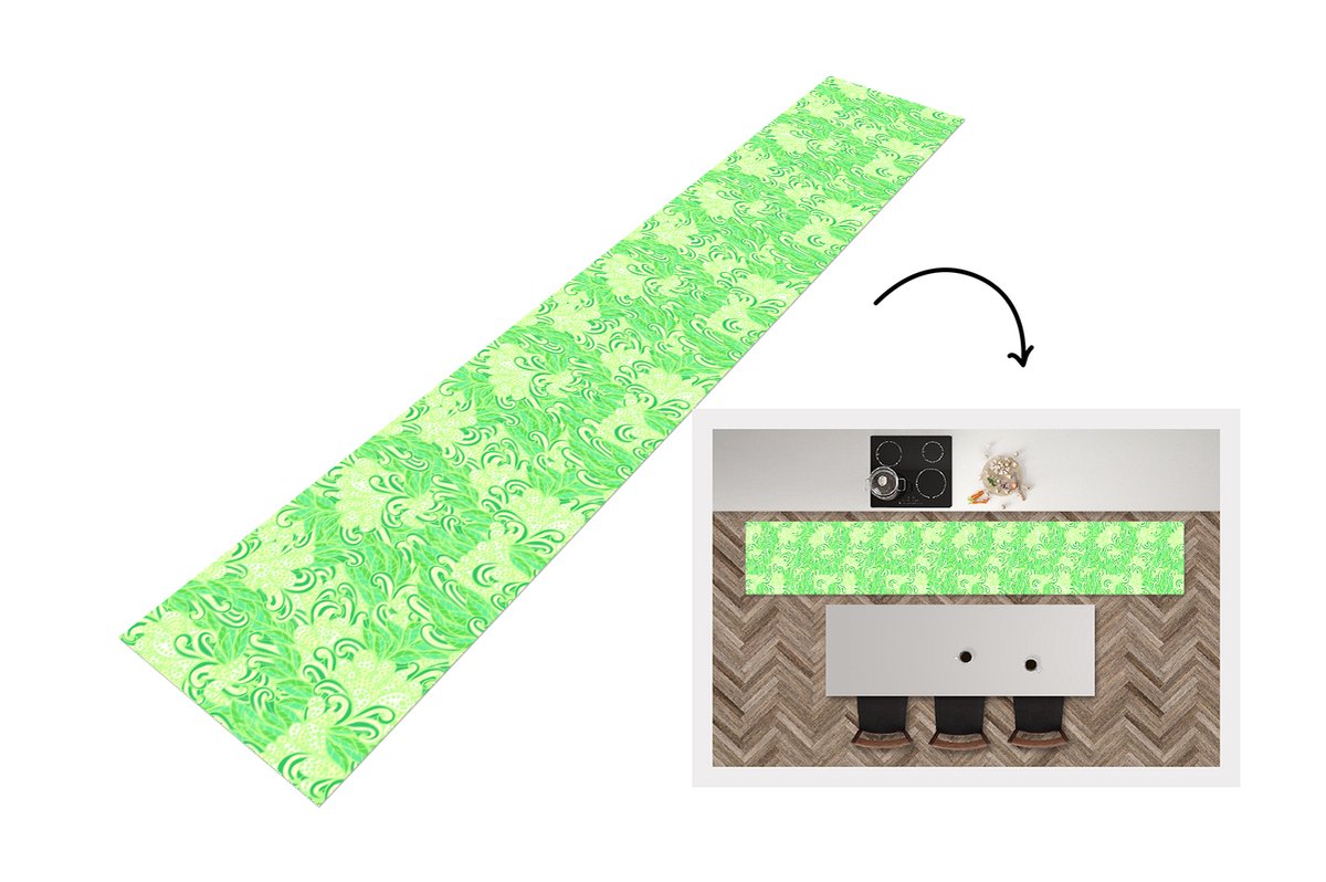 Keukenloper - Loper keuken - Patronen - Abstract - Bladeren - Groen - 300x50 cm - Keukenlo