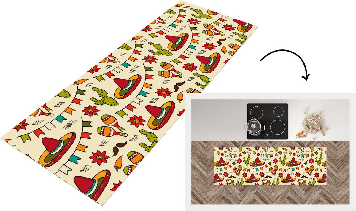 KitchenYeah Keukenloper - Loper keuken - Mexico - Cactus - Patronen - 150x50 cm - Keukenloper vinyl Multicolor