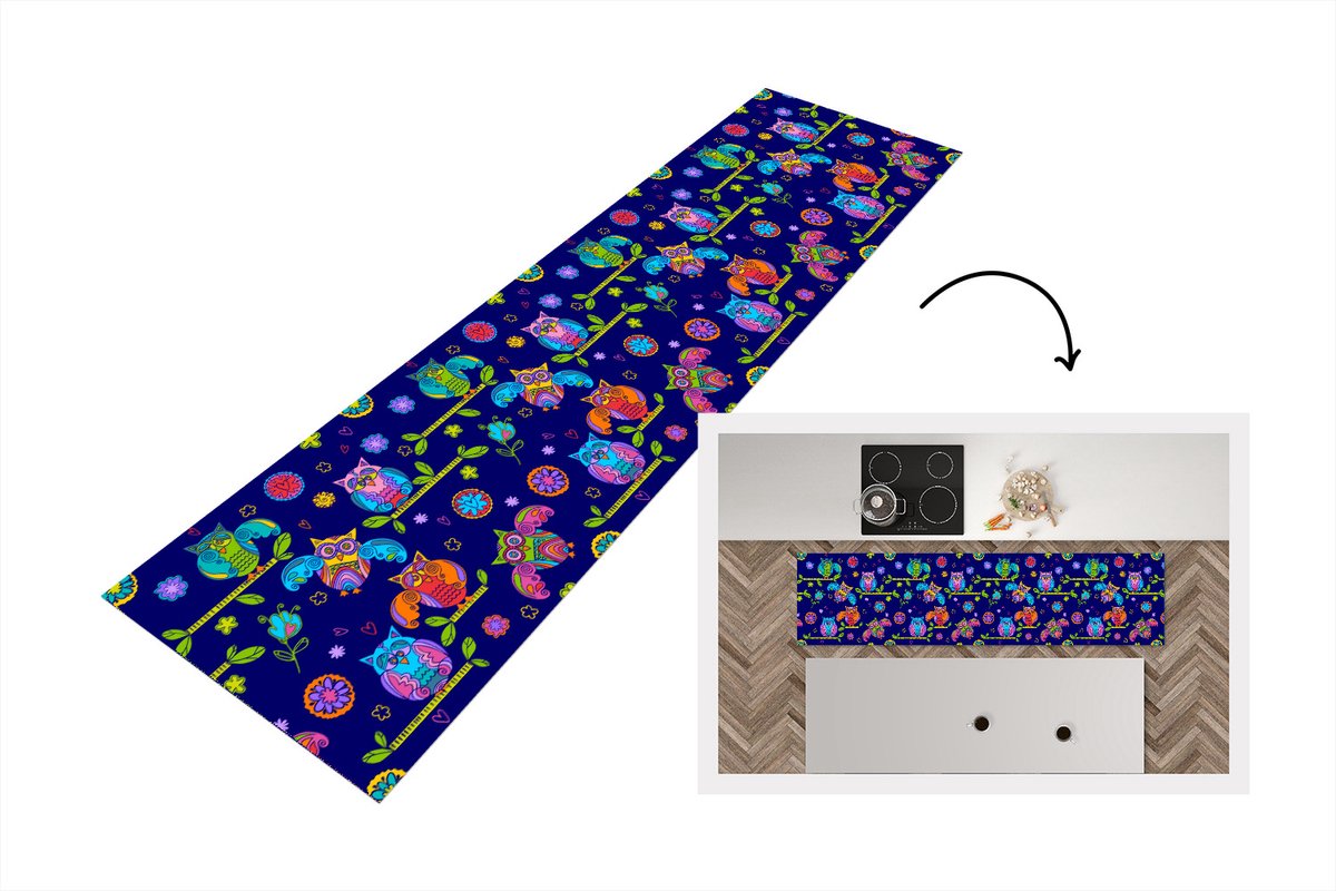KitchenYeah Keukenloper - Loper keuken - Patroon - Uil - Takken - 200x50 cm - Keukenloper vinyl Multicolor