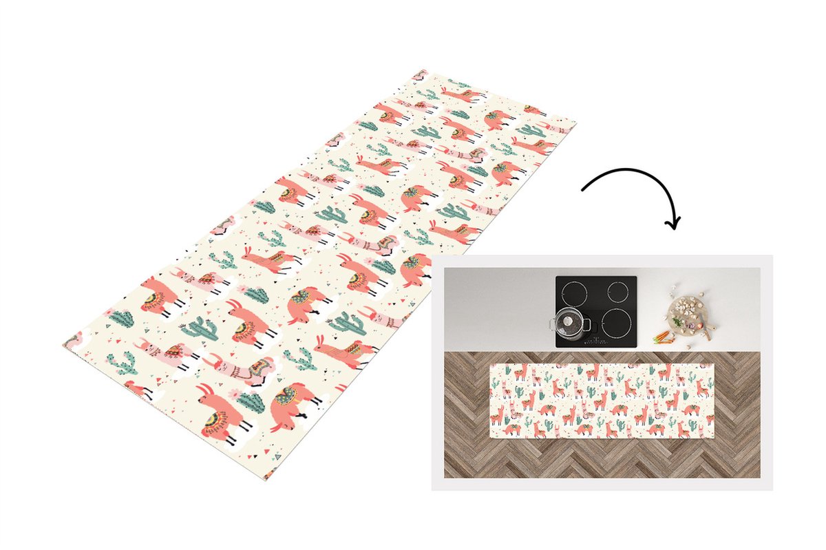 KitchenYeah Keukenloper - Loper keuken - Lama - Patronen - Cactus - 150x50 cm - Keukenloper vinyl Multicolor