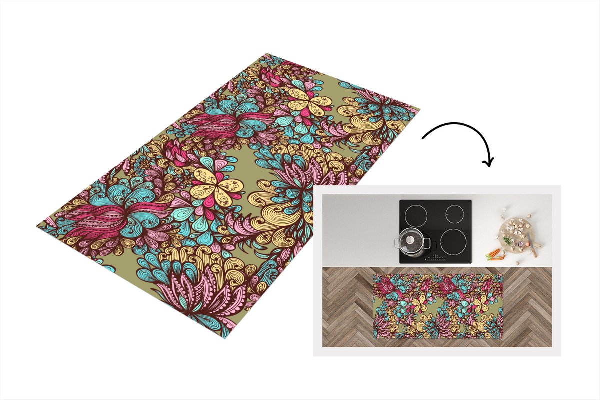 KitchenYeah Keukenloper - Loper keuken - Patroon - Bladeren - Abstract - 120x60 cm - Keukenloper vinyl Multicolor