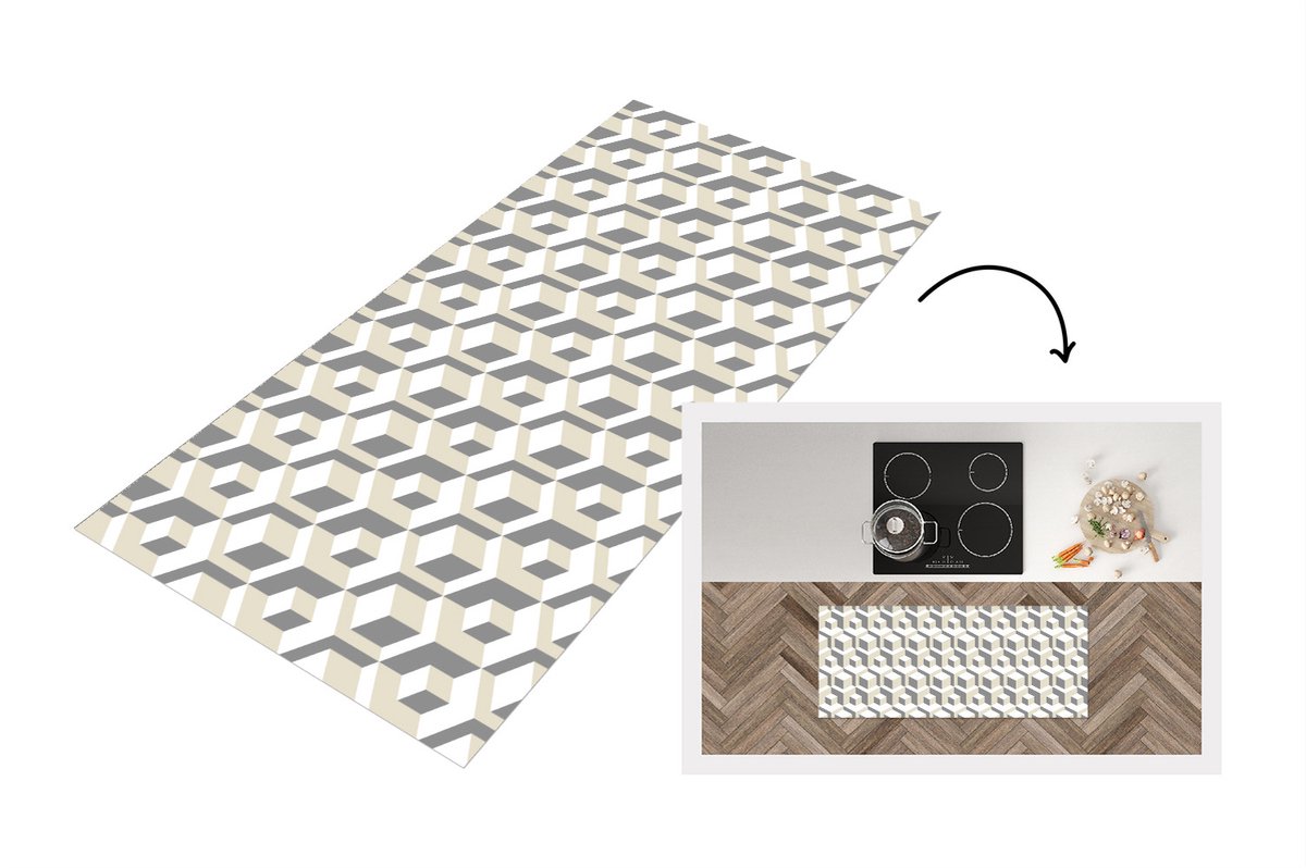 KitchenYeah Keukenloper - Loper keuken - Kubus - 3D - Patronen - 120x50 cm - Keukenloper vinyl Multicolor