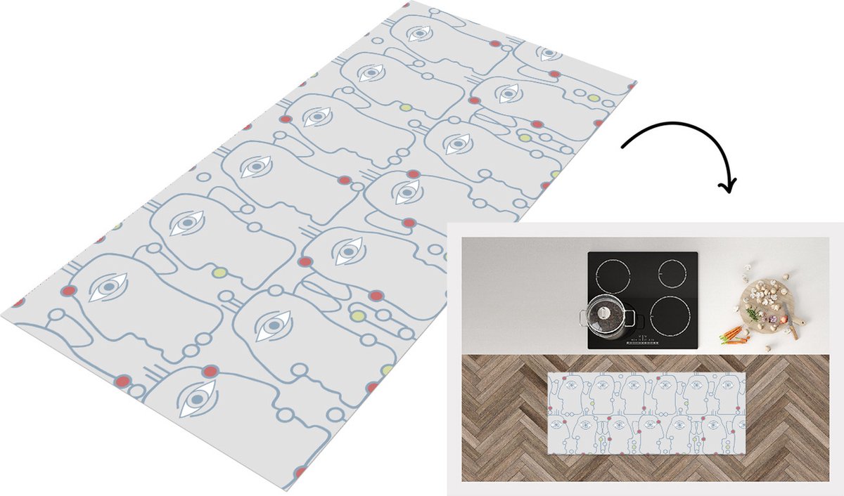 KitchenYeah Keukenloper - Loper keuken - Line Art - Gezicht - Patroon - 120x50 cm - Keukenloper vinyl Multicolor