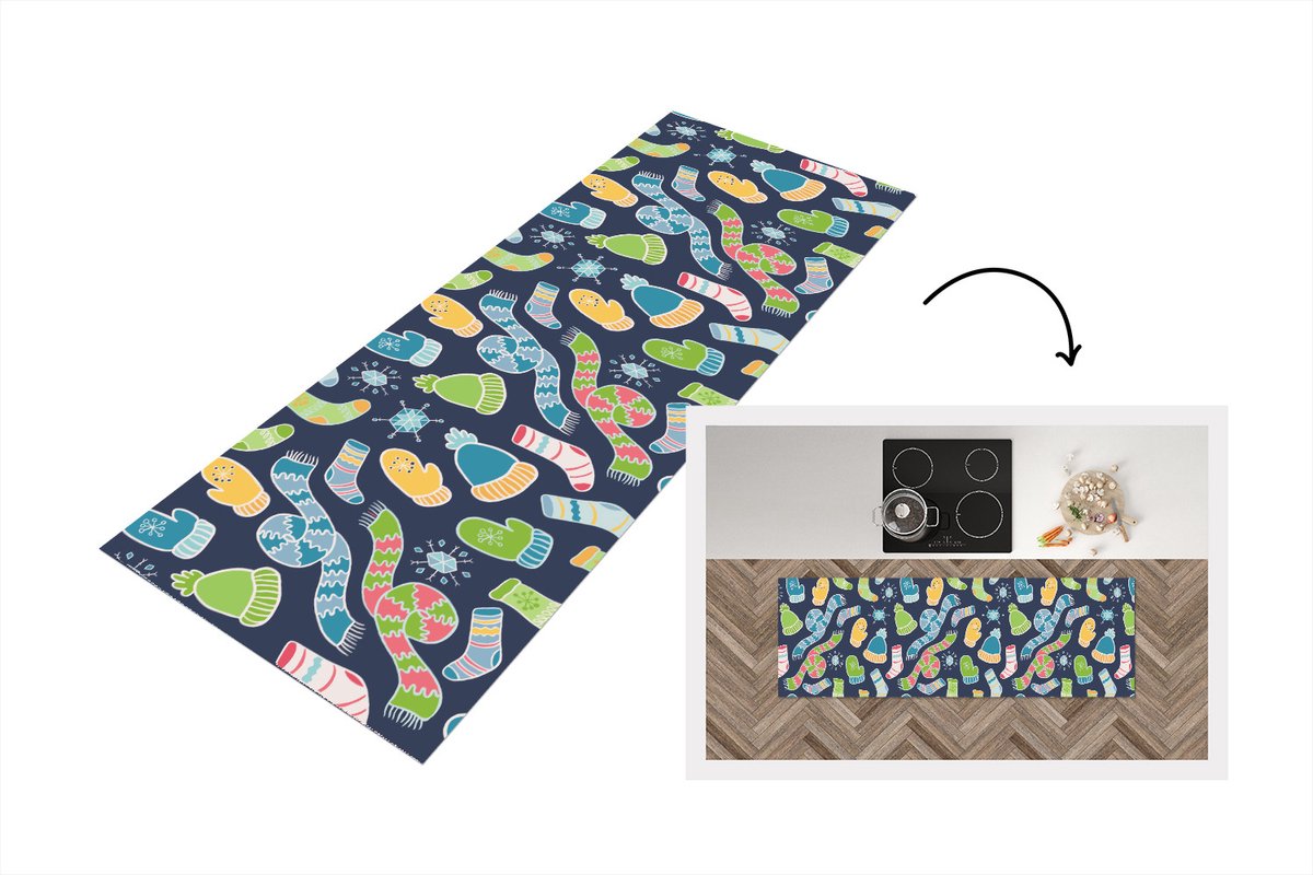 KitchenYeah Keukenloper - Loper keuken - Sjaal - Handschoenen - Muts - Regenboog - Winter - Patronen - 180x60 cm - Keukenloper vinyl Multicolor