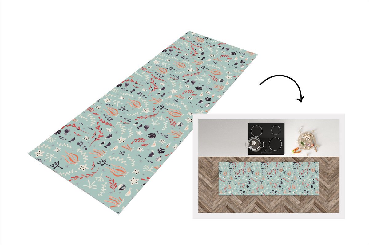 KitchenYeah Keukenloper - Loper keuken - Onderwater - Planten - Zeedieren - Patroon - 180x60 cm - Keukenloper vinyl Multicolor