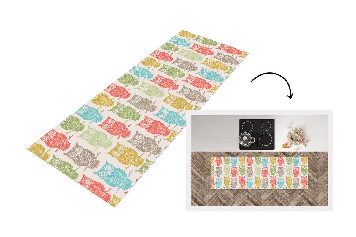 Keukenloper - Loper keuken - Patronen - Uil - Vogels - 180x60 cm - Keukenloper vinyl