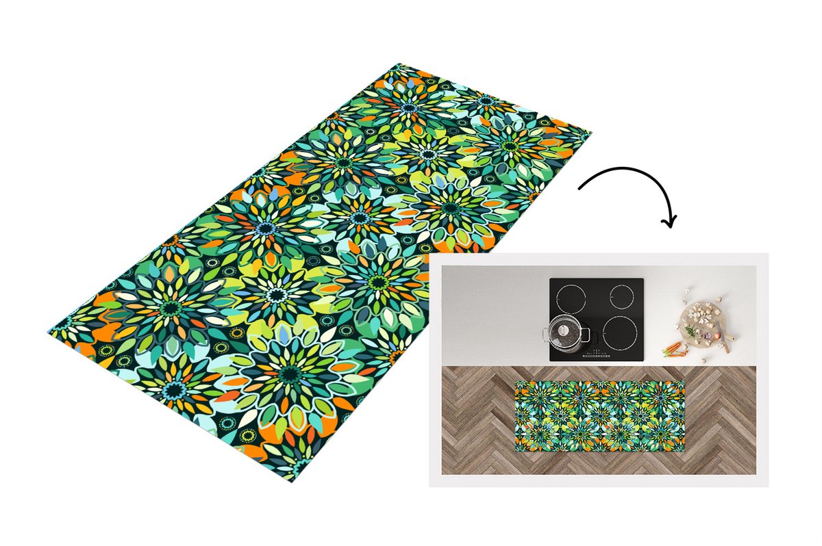 KitchenYeah Keukenloper - Loper keuken - Patroon - Mandala - Groen - 120x50 cm - Keukenloper vinyl Multicolor