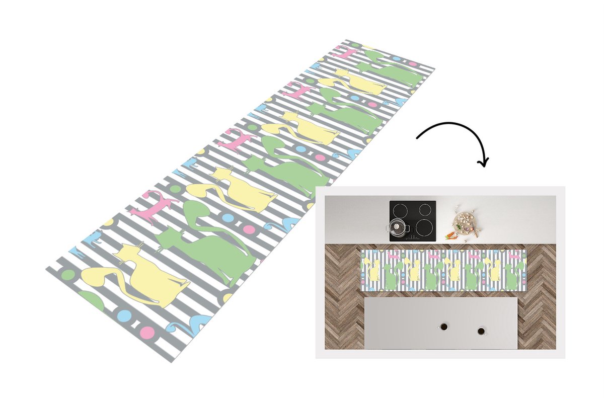 KitchenYeah Keukenloper - Loper keuken - Katten - Pastel - Dieren - 200x50 cm - Keukenloper vinyl Multicolor