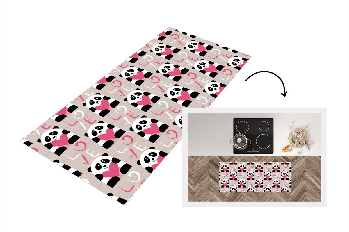 KitchenYeah Keukenloper - Loper keuken - Hartjes - Panda - Patronen - 120x50 cm - Keukenloper vinyl Multicolor