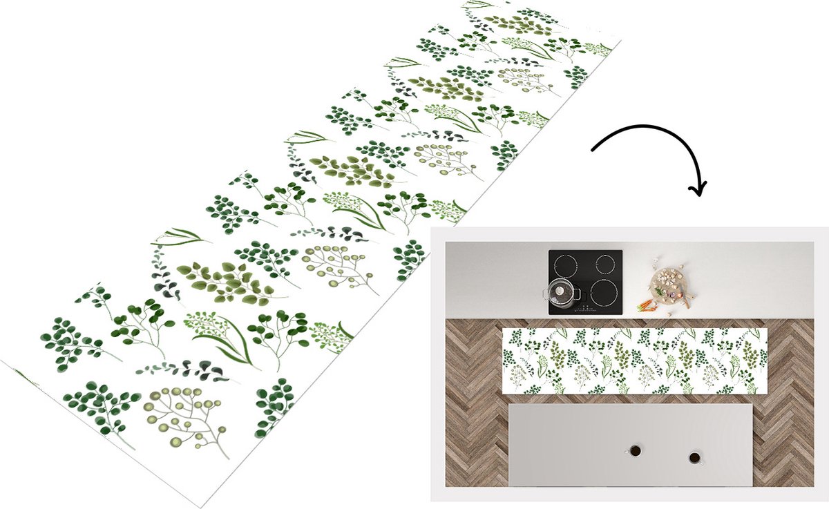 KitchenYeah Keukenloper - Loper keuken - Kruiden - Eucalyptus - Design - 200x50 cm - Keukenloper vinyl Multicolor